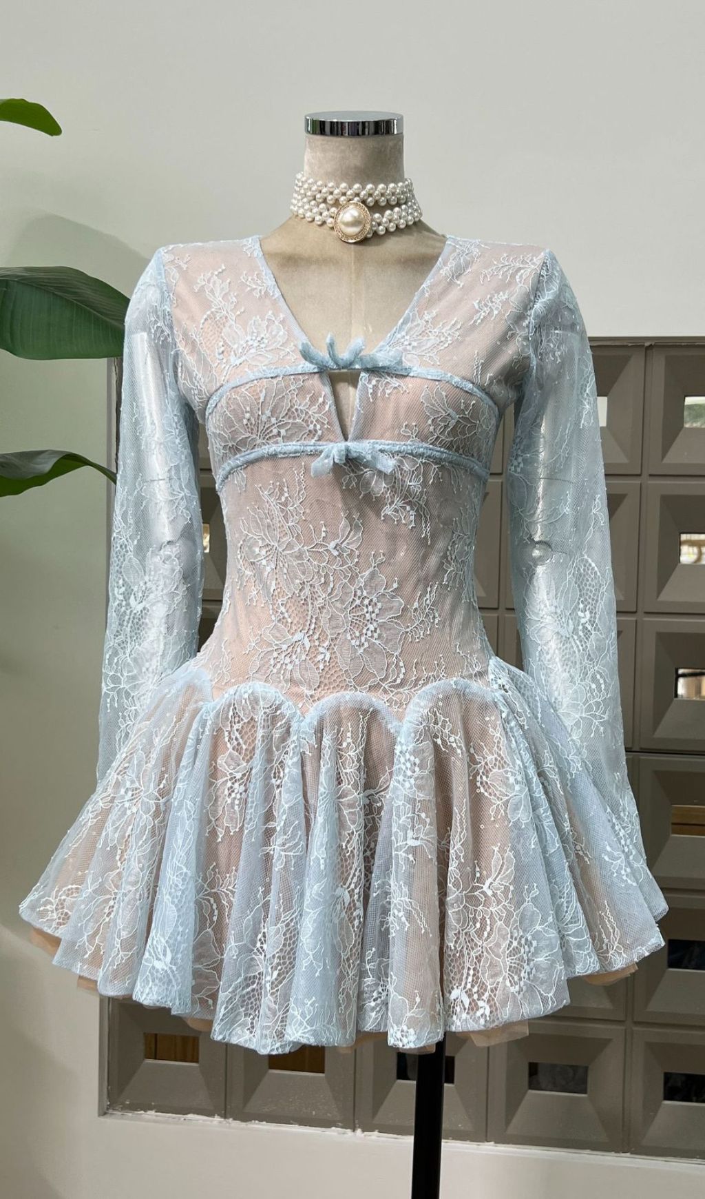 Itsuki Ethereal Blue Lace Long Sleeve Mini Dress