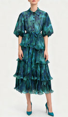 Ilma Vibrant Teal & Blue Printed Puff Sleeve Layered Midi Dress