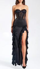 Amlie Black Satin Lace Corset Maxi Dress
