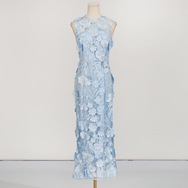 Cessair Enchanting Sky Blue 3D Floral Appliqu Sleeveless Midi Dress
