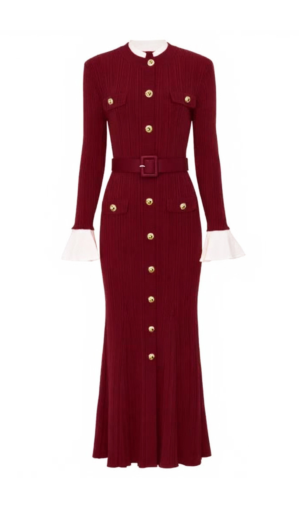 Chic Navy Ribbed Knit Button-Front Midi Dress
