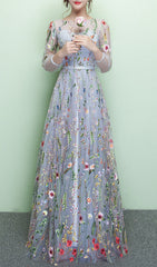 Dannell Enchanting Periwinkle Floral Embroidered Tulle Maxi Dress