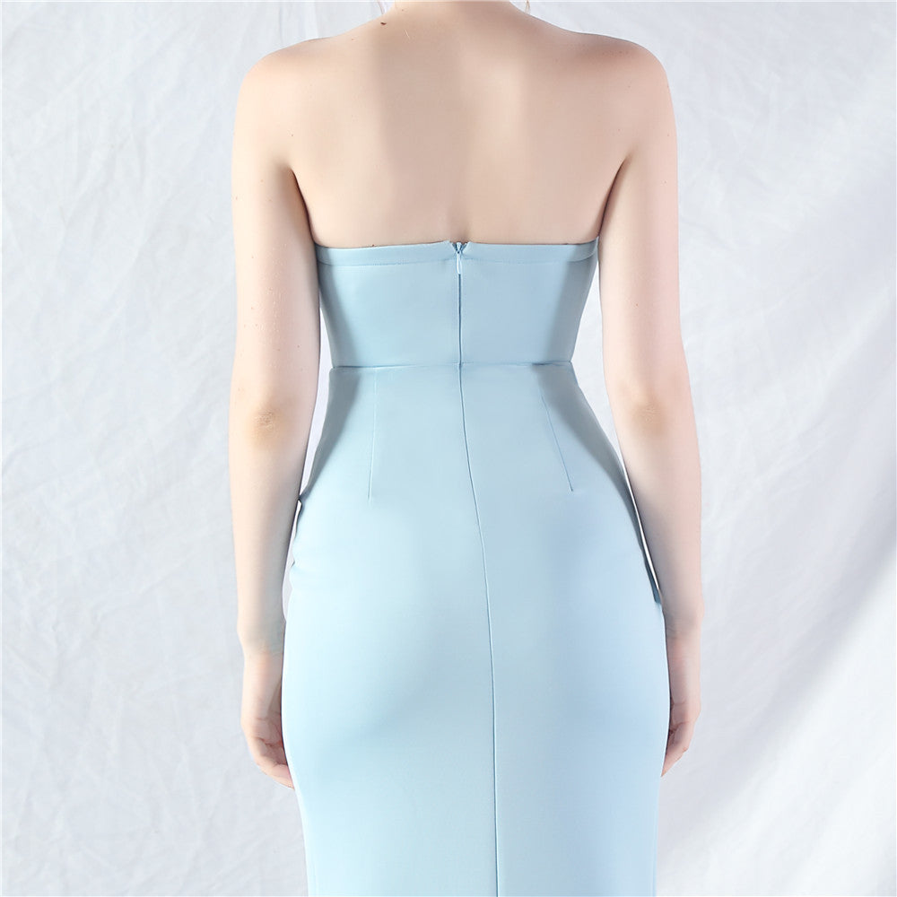 Chizue Elegant Sky Blue Strapless Corset Maxi Gown with High Slit