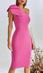 Elegant Pink One Shoulder Midi Cocktail Dress