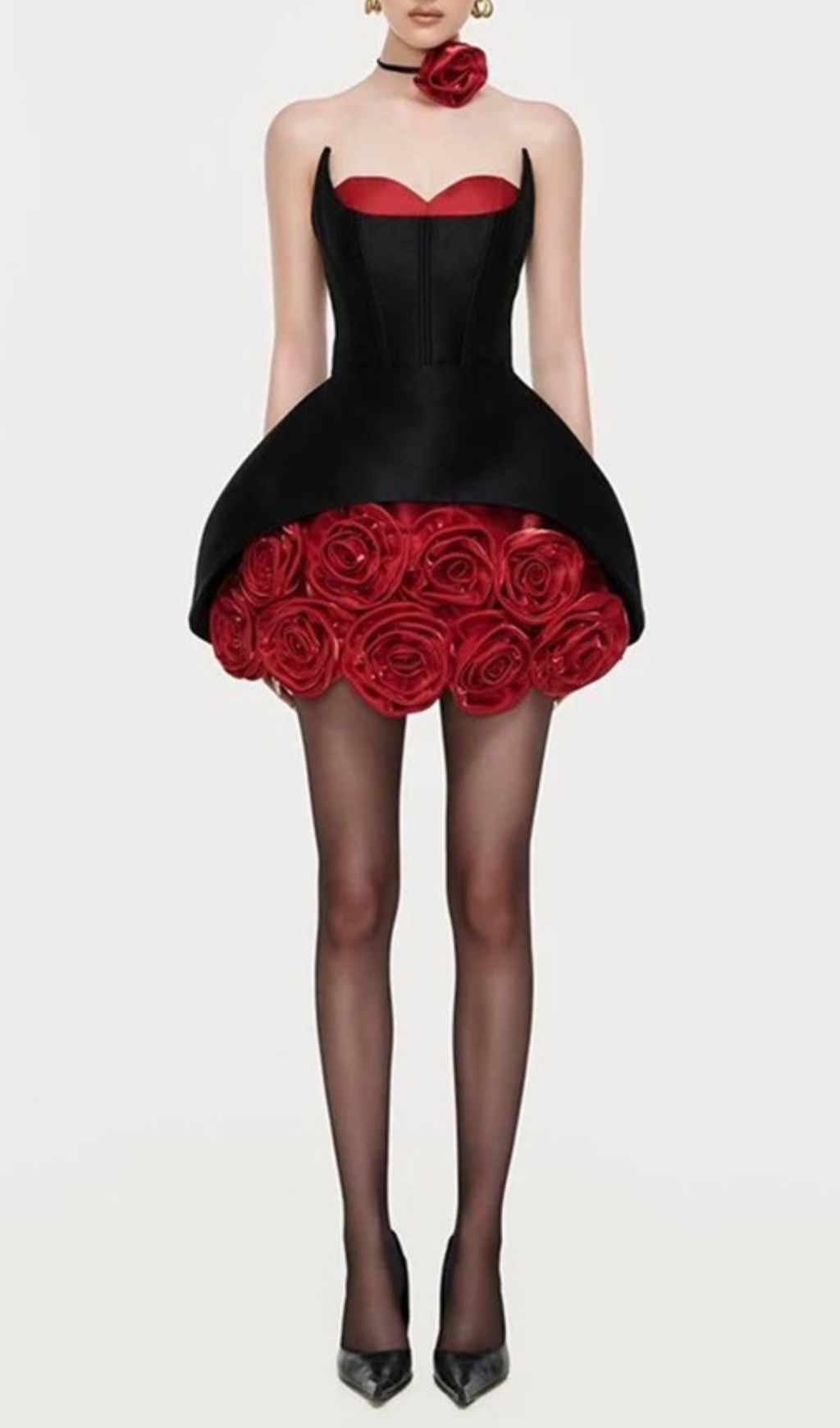Ildiko Black Strapless Corset Mini Dress with Red Roses