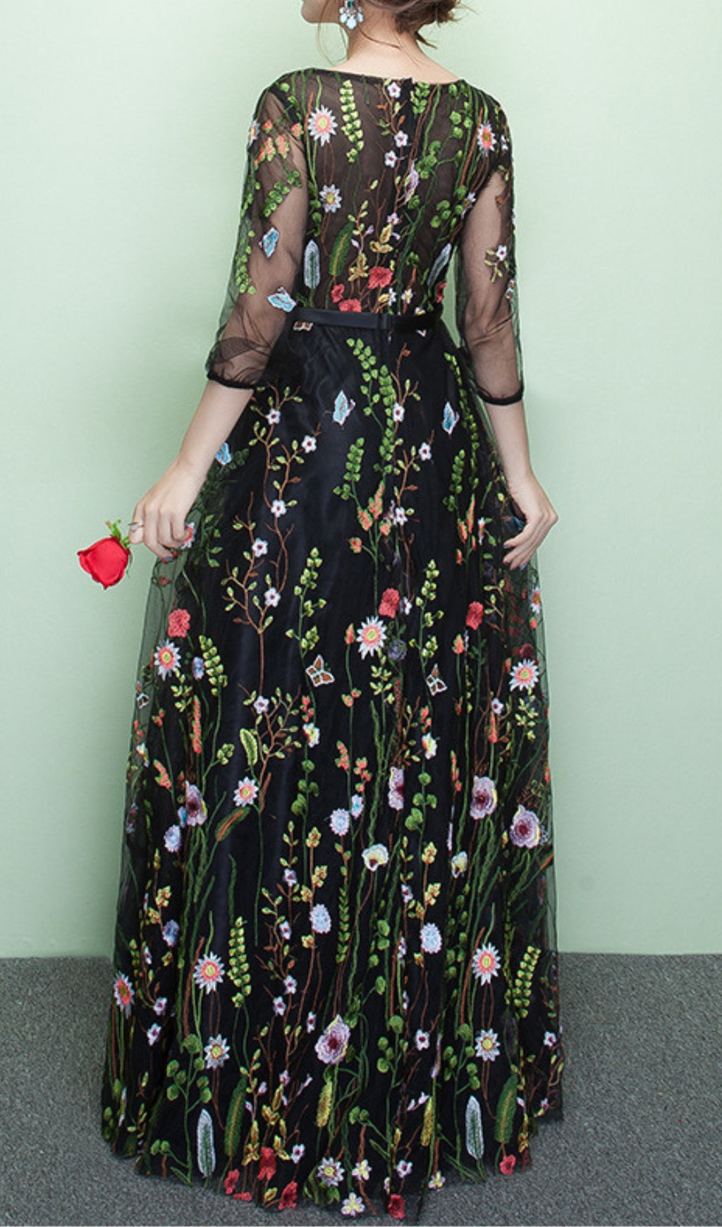 Dannell Elegant Black Floral Embroidered Mesh Sleeve Maxi Dress