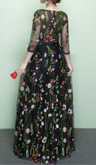Dannell Elegant Black Floral Embroidered Mesh Sleeve Maxi Dress