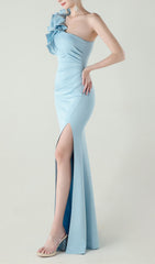 Ijlal Sky Blue One-Shoulder Ruffle Maxi Gown with Slit