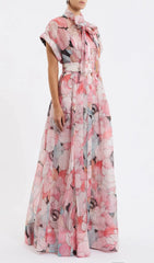 Eudoxia Blush Pink Floral Maxi Dress with Bow Neck & Statement Belt