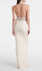 Halina Elegant White Halter Lace Maxi Dress