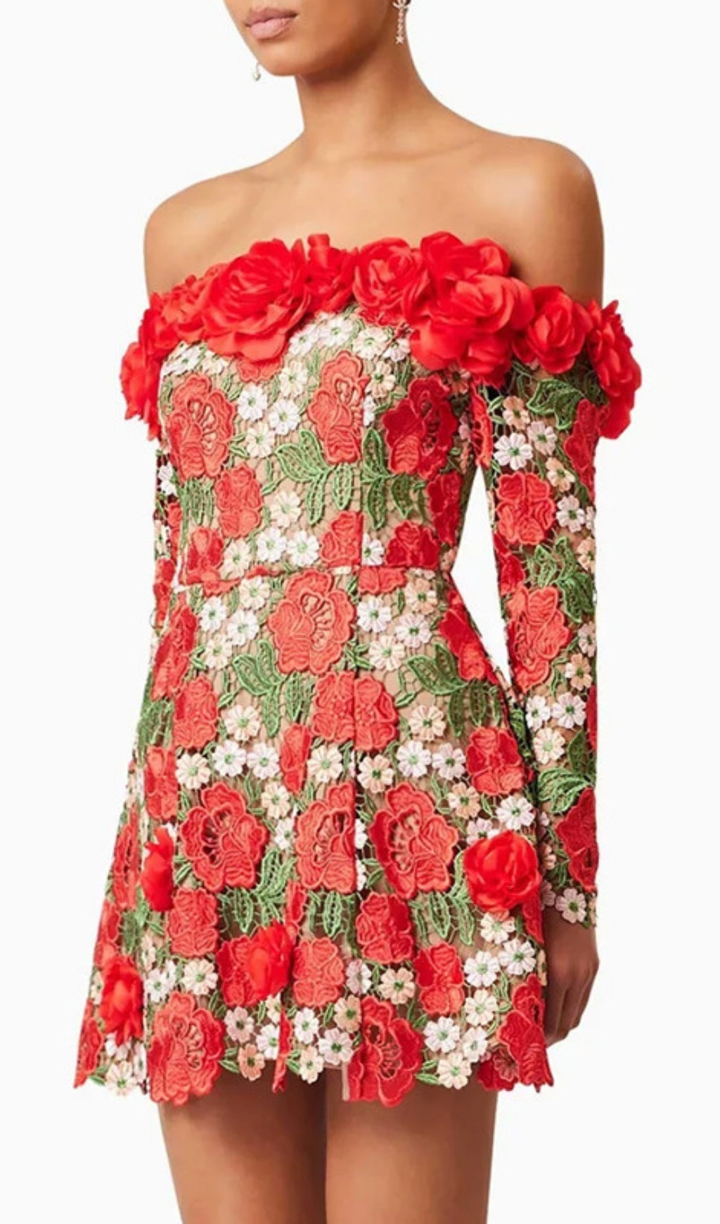 Ellasyn Enchanting Red Rose Embroidered Off-Shoulder Long Sleeve Mini Dress