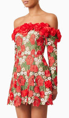 Ellasyn Enchanting Red Rose Embroidered Off-Shoulder Long Sleeve Mini Dress