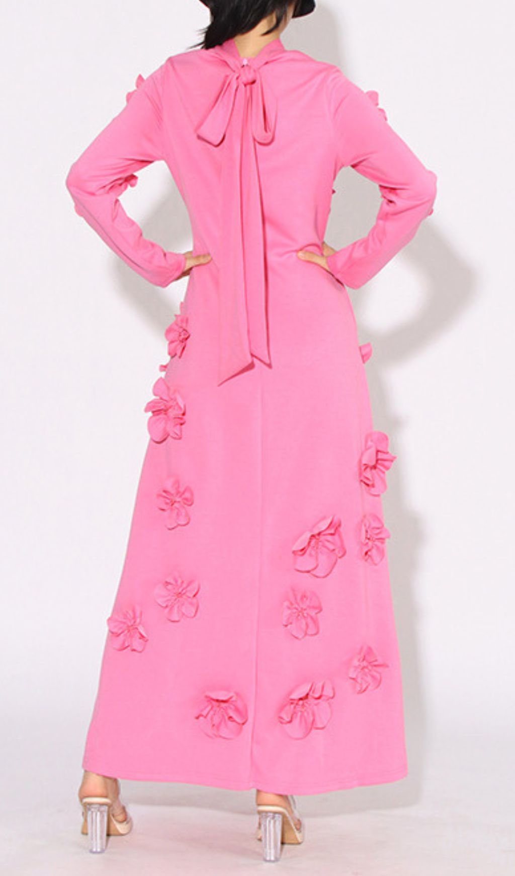Bly Vibrant Pink 3D Floral Appliqu Long Sleeve Maxi Dress