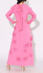 Bly Vibrant Pink 3D Floral Appliqu Long Sleeve Maxi Dress