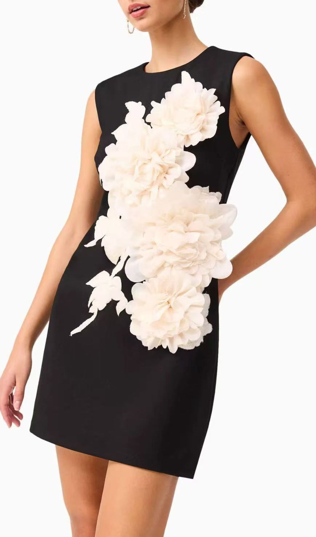Jocasta Elegant Black Mini Dress with 3D Floral Appliqu