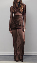 Sultry Bronze Draped Mesh Maxi Dress