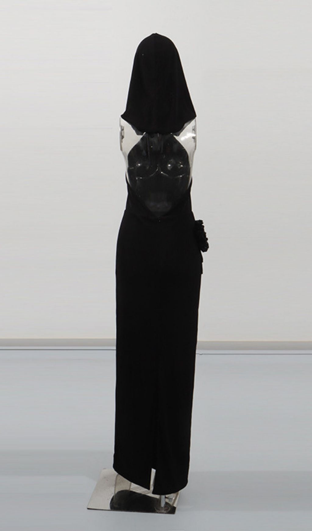 Jyn Black Halter Maxi Dress with Sculptural Floral Embellishment
