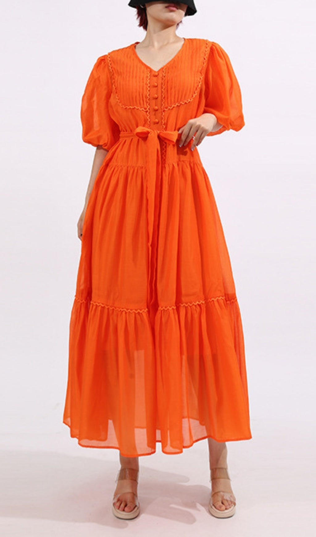 Fausto Vibrant Orange Puff Sleeve Tiered Maxi Dress