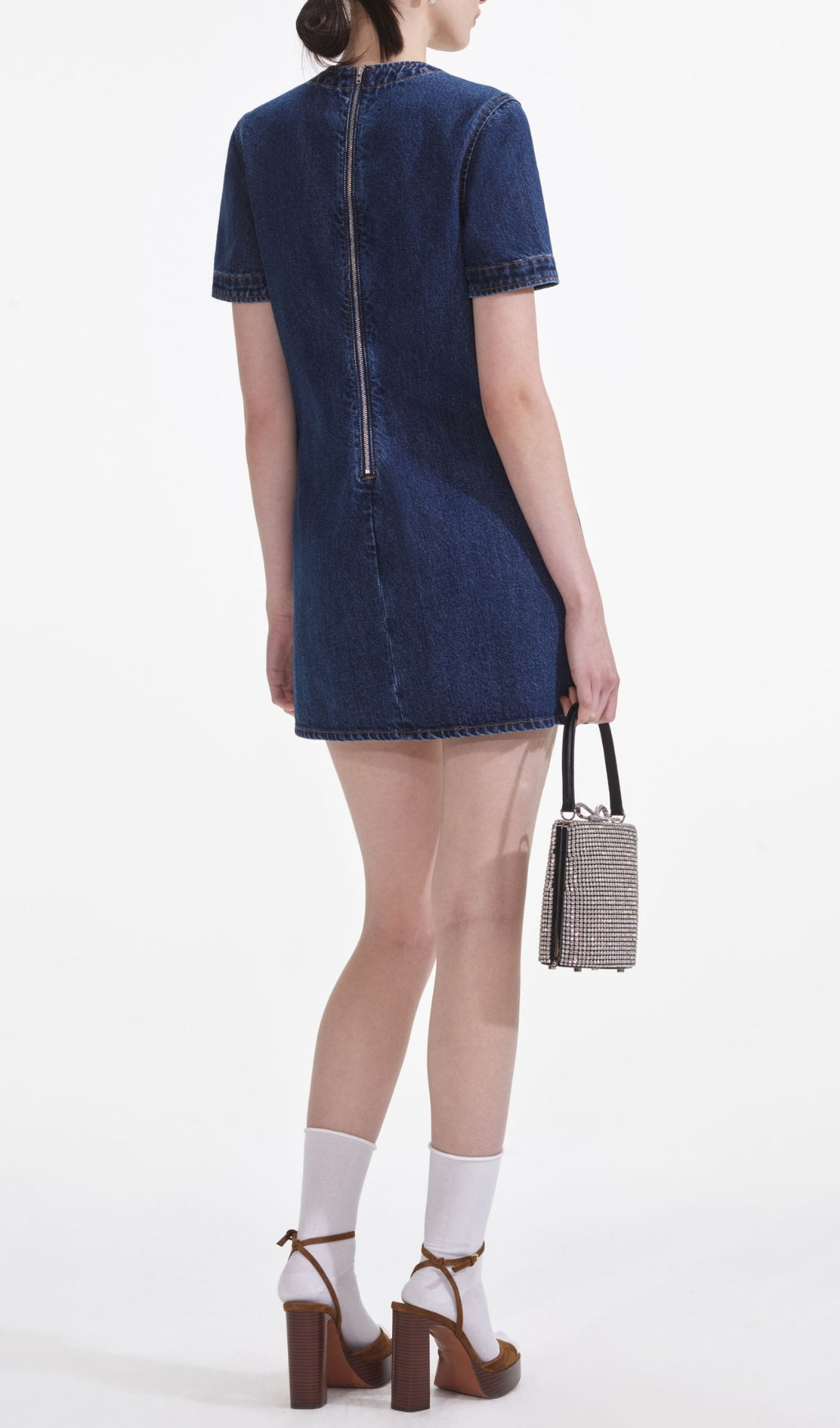 Chic Pearl Bow Denim Mini Dress