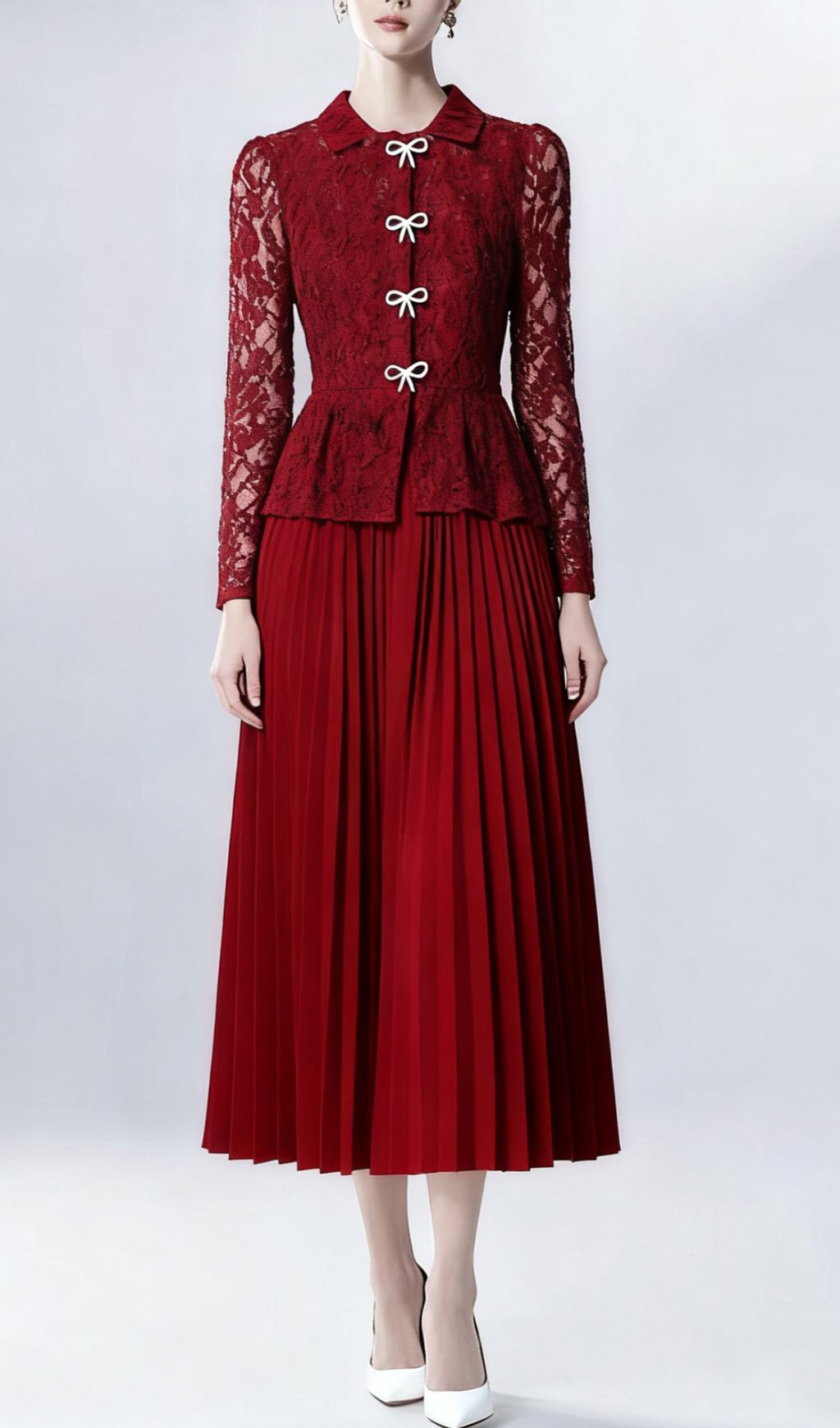 Elegant Ruby Red Lace & Pleated Midi Dress