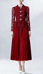 Elegant Ruby Red Lace & Pleated Midi Dress