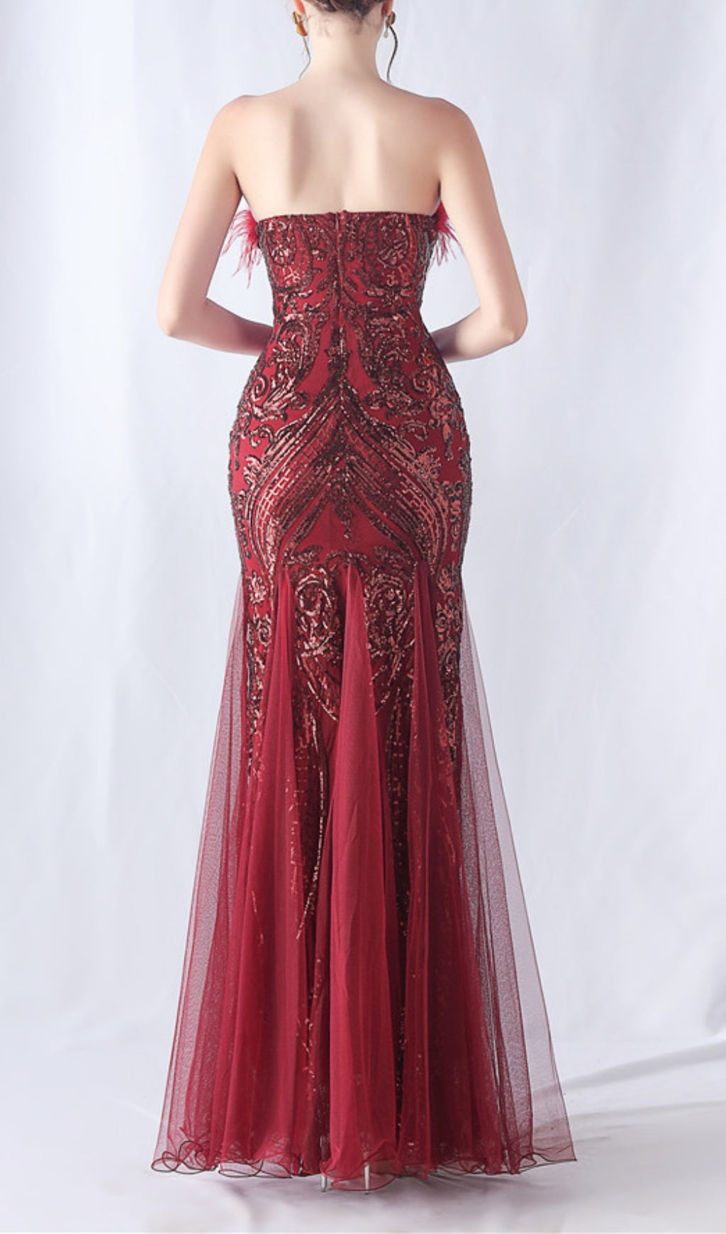 Choire Red Sequin Feather Mermaid Gown