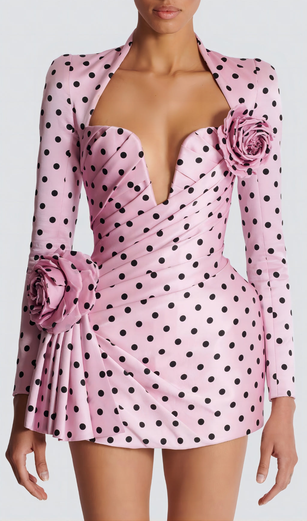 Glamorous Pink Polka Dot Mini Dress with 3D Roses