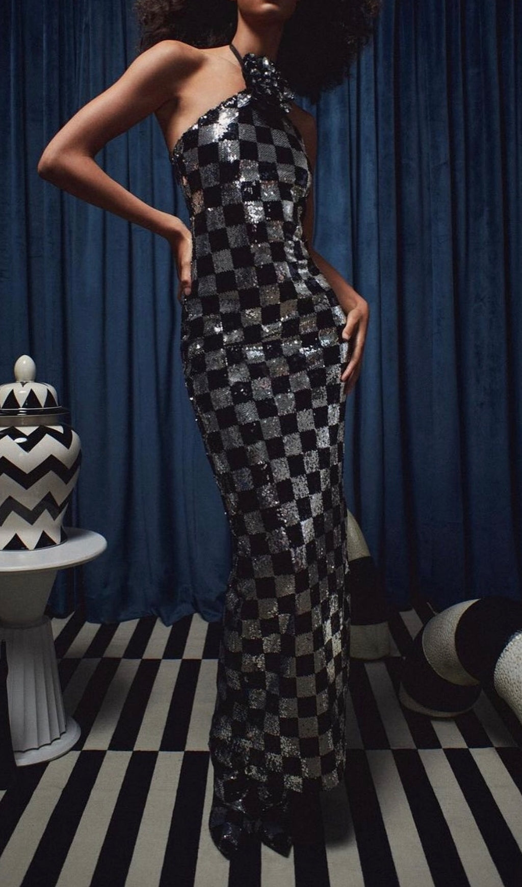 Cirila Glamorous Black & Silver Sequin Halter Maxi Dress