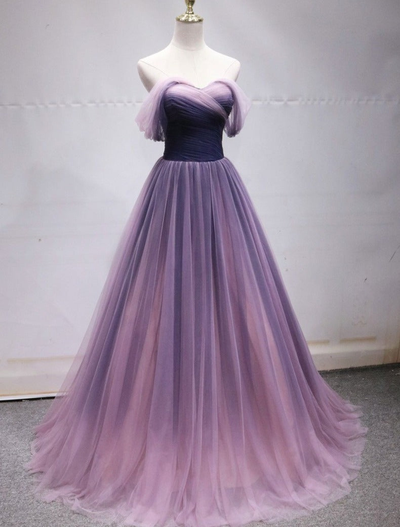 Purple Tulle Sweetheart Gradient Off Shoulder Long Party Dress
