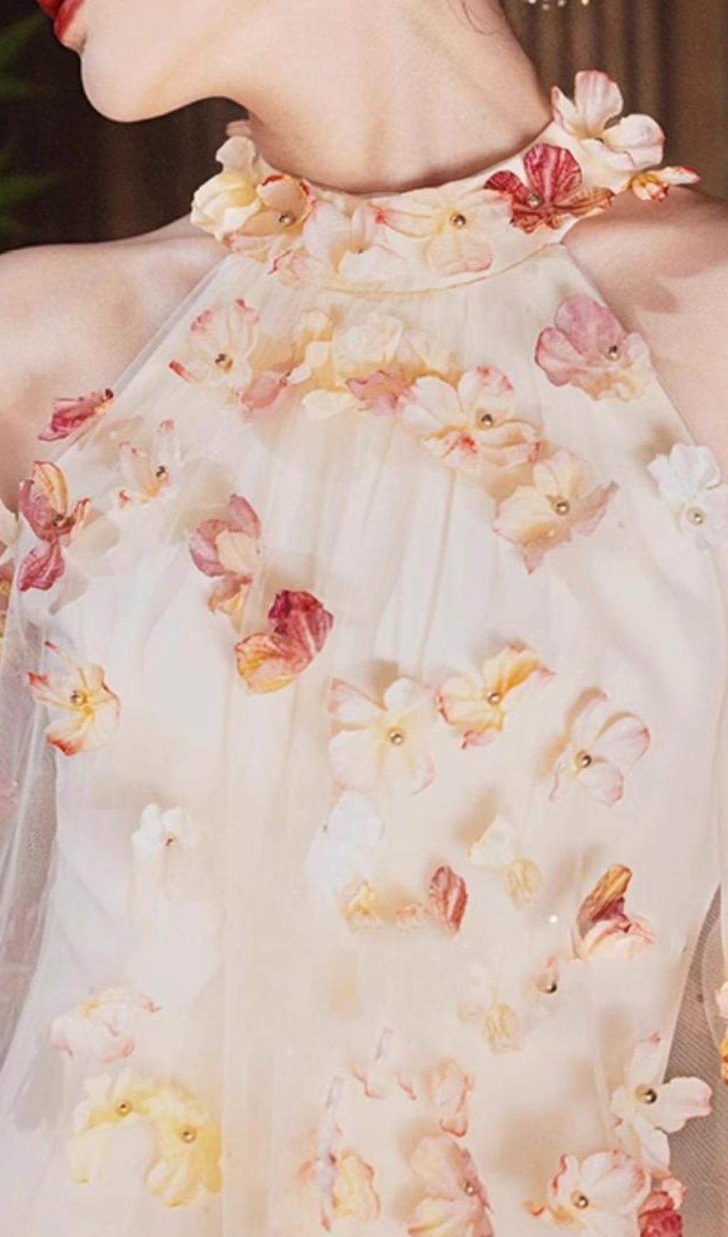 Ethereal Blossom Halter Mesh Maxi Dress
