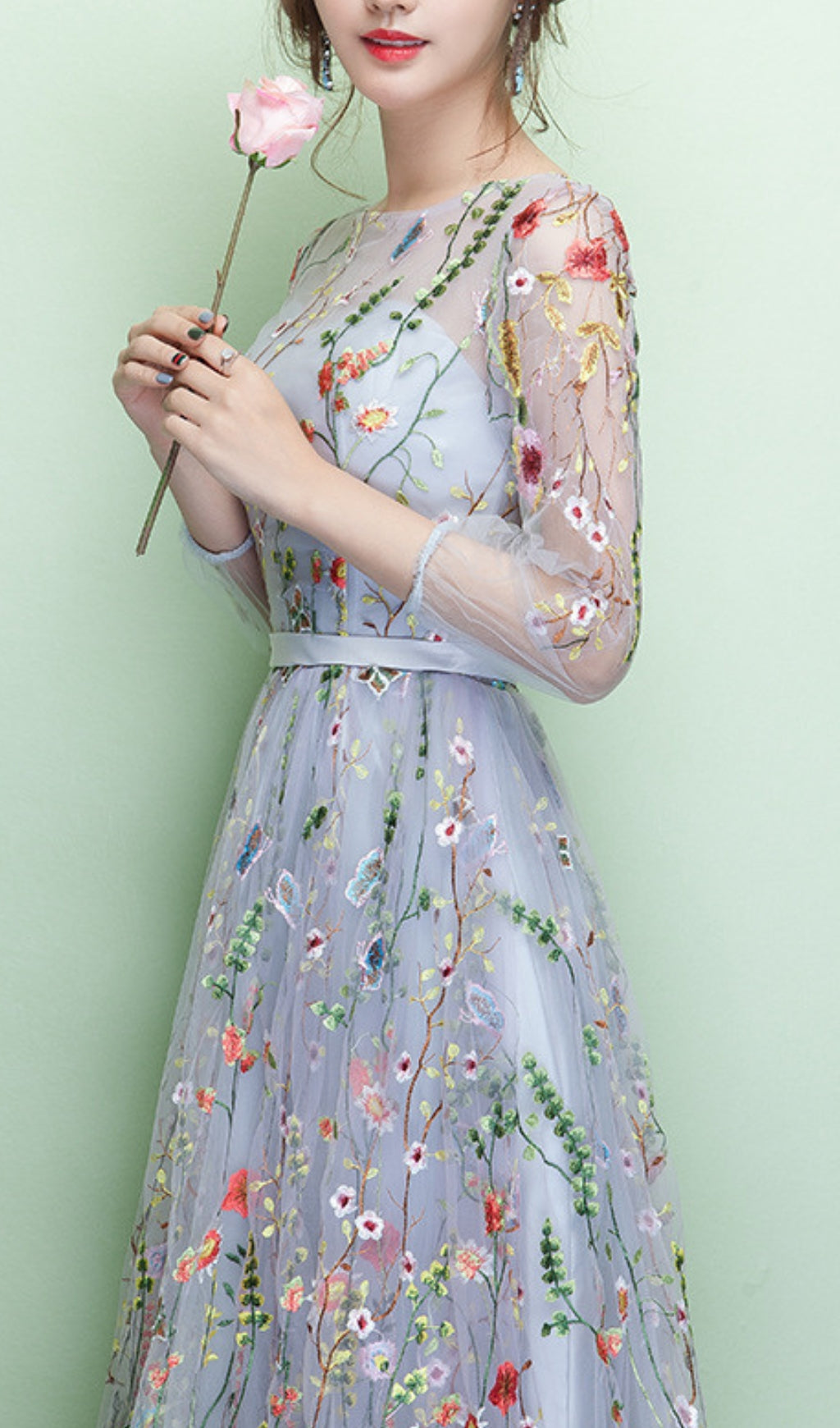 Dannell Enchanting Periwinkle Floral Embroidered Tulle Maxi Dress