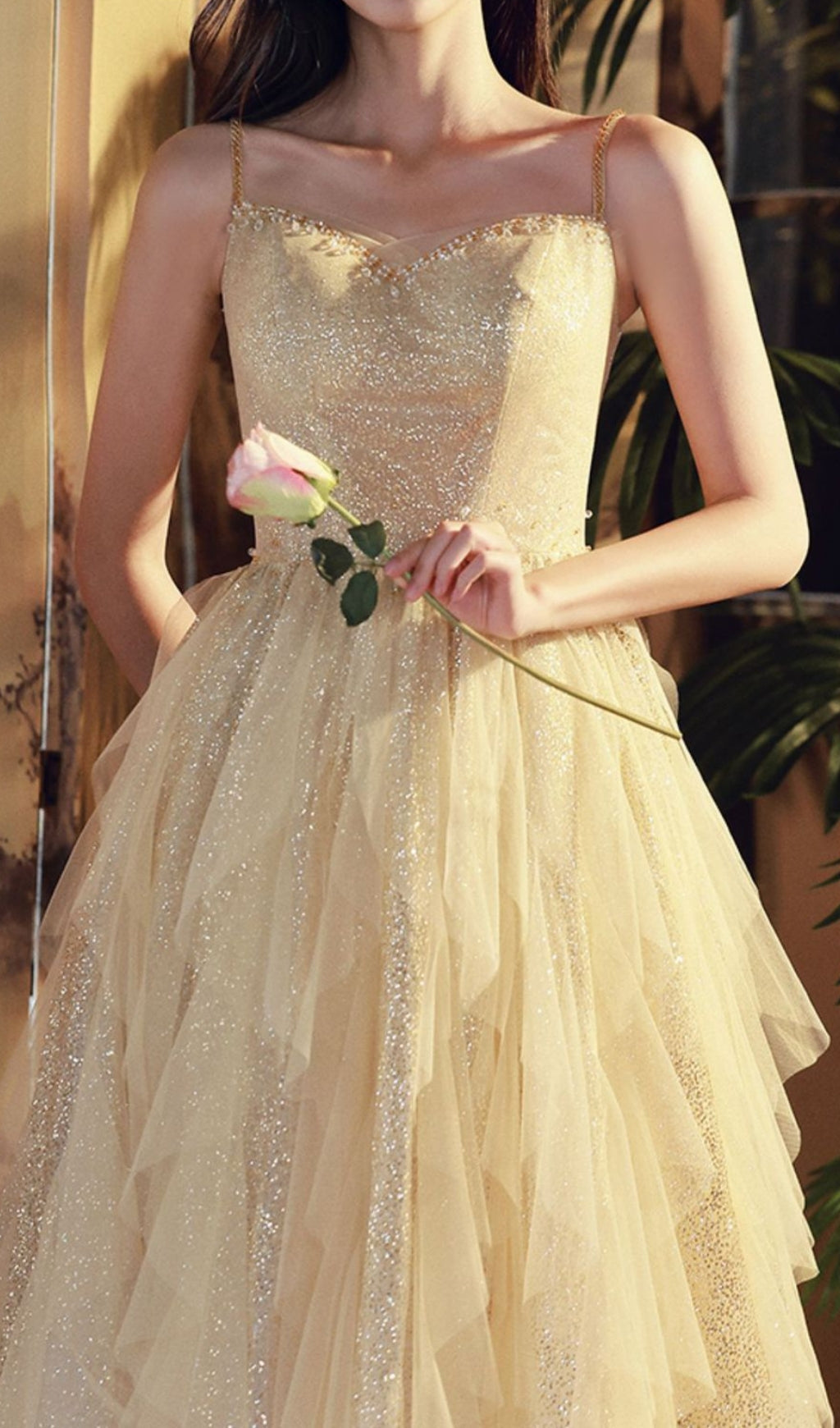 Chinara Sparkling Champagne Tiered Mesh Maxi Gown