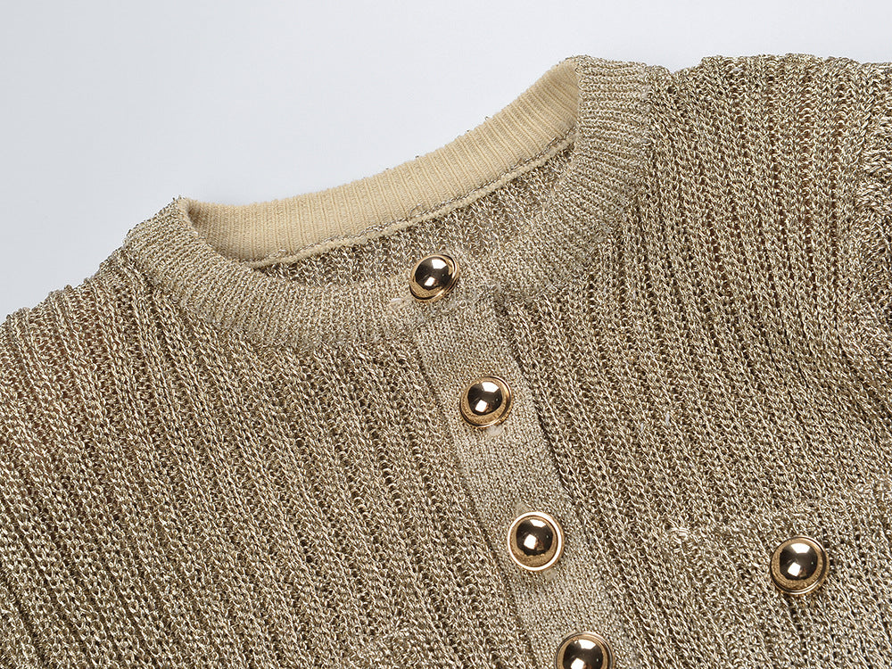 Glamorous Gold Lurex Ribbed Knit Maxi Dress with Statement Chain Belt