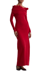 Burrell Red Off-Shoulder Maxi Dress with Elegant Ruched Flower Neckline