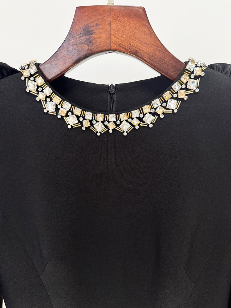 Hallie Crystal & Ruffle Sleeve Black Midi Dress