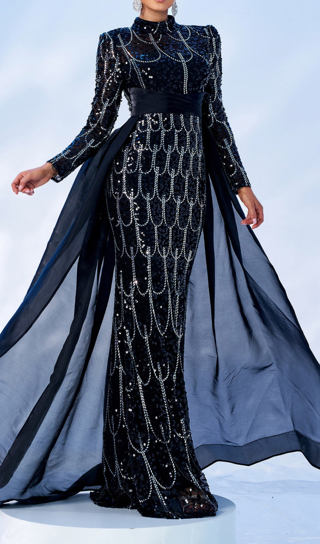 Concha Black Sequin Long Sleeve Maxi Gown