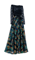 Ffan Elegant Ruched Bodice Lace Sleeve Vibrant Maxi Dress