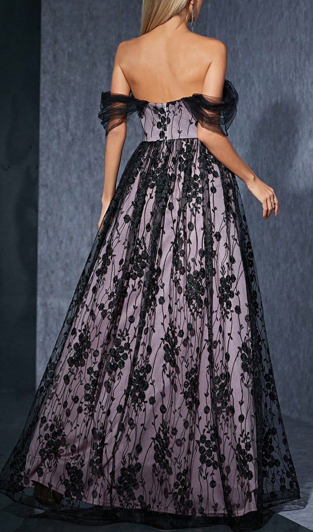 Darrah Enchanting Black Floral Lace Off-Shoulder Maxi Dress