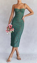 Elegant Forest Green Lace Corset Midi Dress