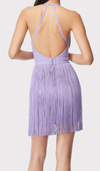 Showstopping Lavender Fringe Halter Mini Dress