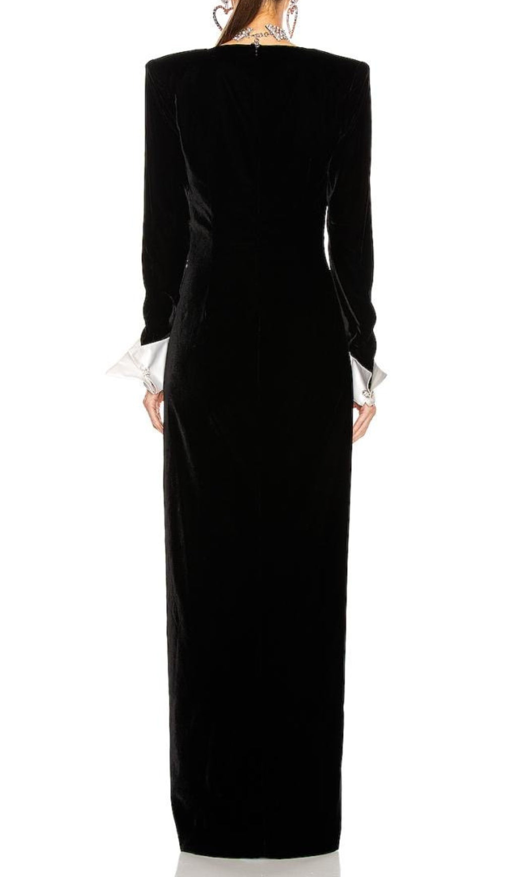 Crown Glamorous Black Velvet Deep V-Neck Maxi Gown with Crystal Buttons