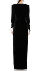 Crown Glamorous Black Velvet Deep V-Neck Maxi Gown with Crystal Buttons