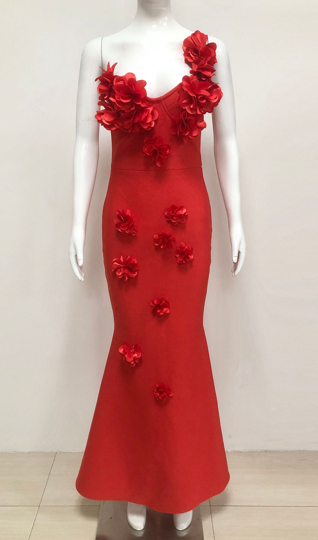 Eluned Red 3D Floral Bandage Mermaid Maxi Dress