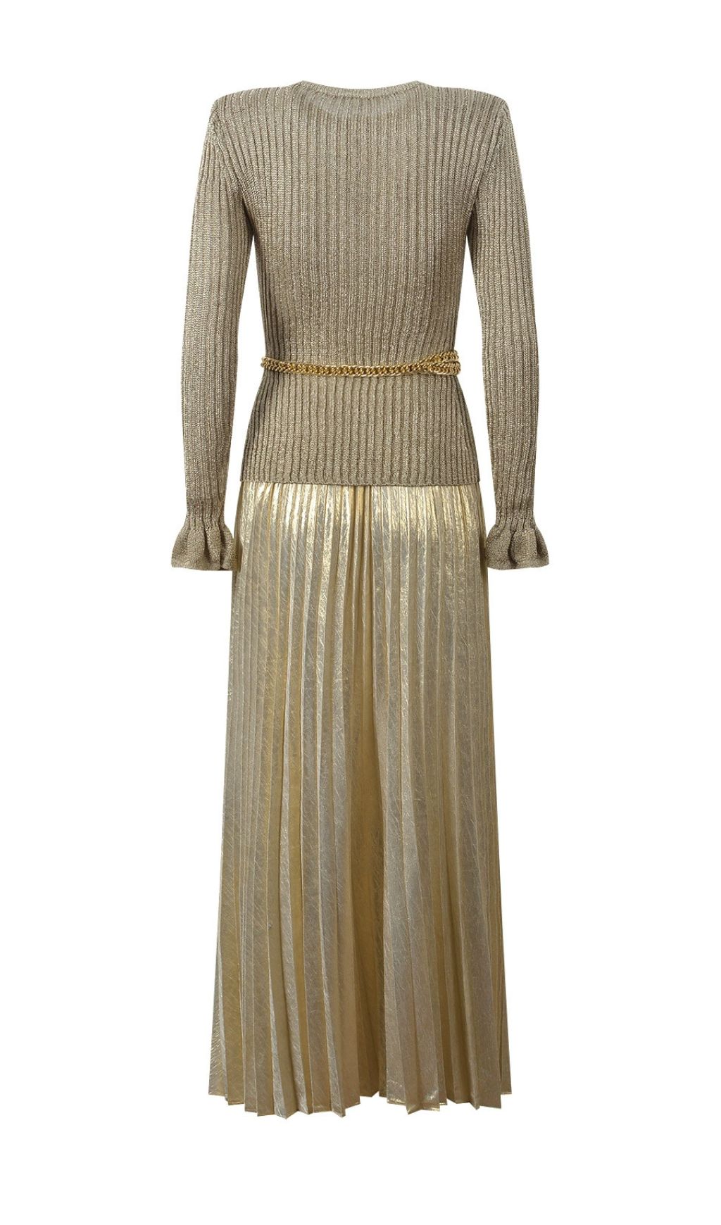 Glamorous Gold Lurex Ribbed Knit Maxi Dress with Statement Chain Belt