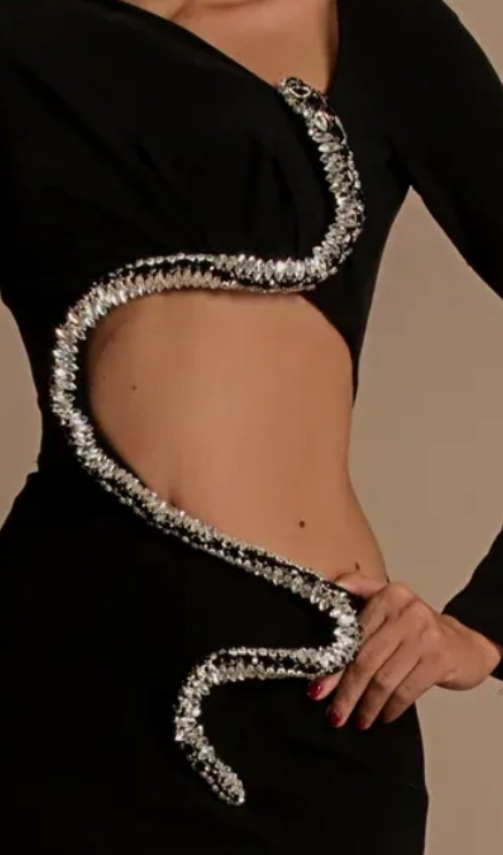 Dazzling Black Velvet Mermaid Gown with Crystal Serpent Cut-Out