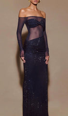 Jacinthe Dazzling Navy Sequin Off-Shoulder Maxi Gown