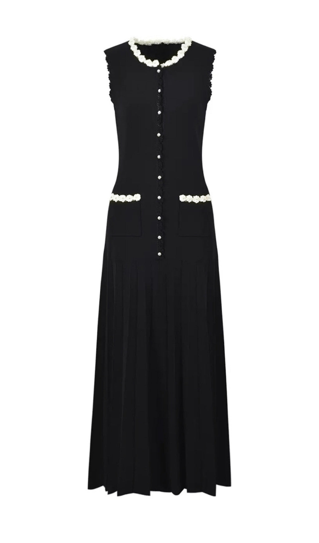 Elegant Black Sleeveless Maxi Dress with Pearl & Floral Beading