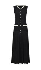 Elegant Black Sleeveless Maxi Dress with Pearl & Floral Beading