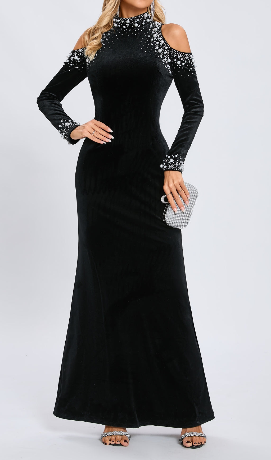 Cassiope Embellished Black Velvet Cold Shoulder Maxi Gown