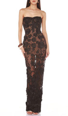 Decla Black Strapless 3D Floral Maxi Gown